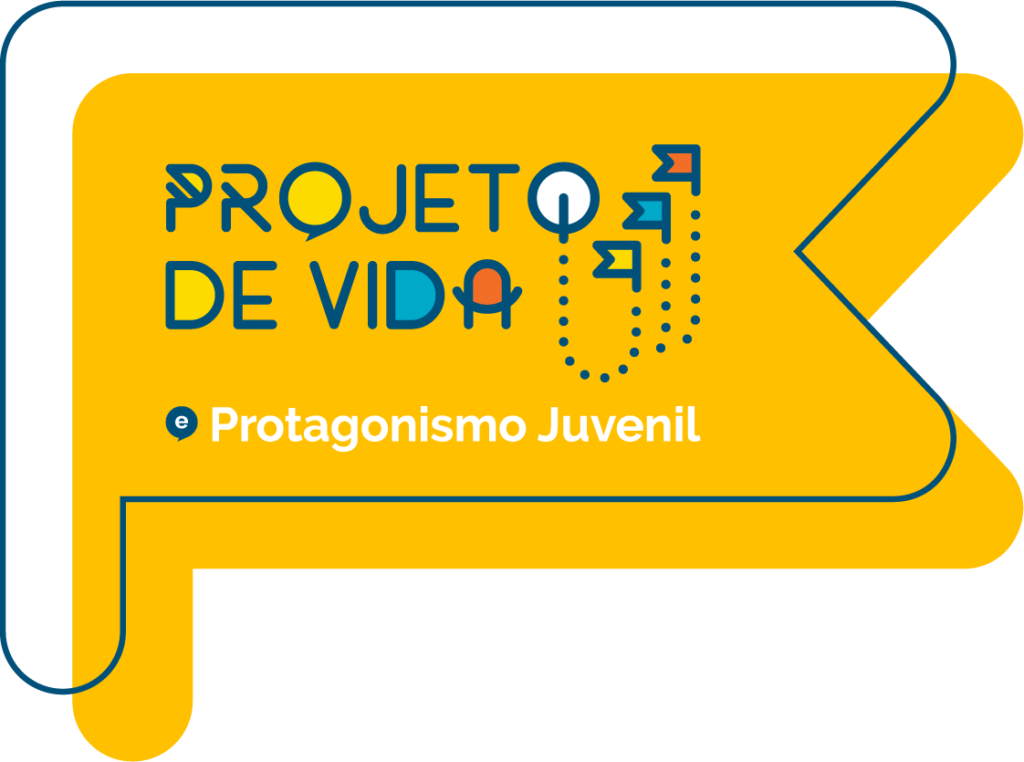 Bandeirinha de acordo com a identidade visual da Kuau, em que consta o escrito ''Projeto de Vida e Protagonismo Juvenil''